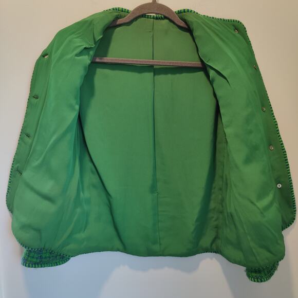 Vintage Women's Green Tweed Plaid Blazer Jacket Brass Buttons Collarless - Picture 7 of 9